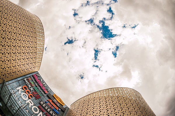 A shopping mall viewed from below